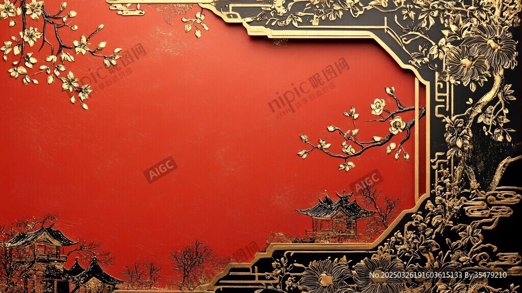 中式紅底金紋古典裝飾圖
