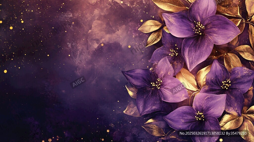 夢幻紫花配金色葉片背景