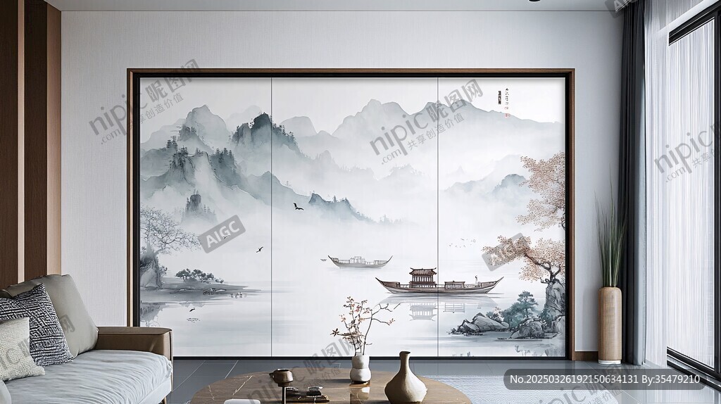 中式客廳的山水意境壁畫