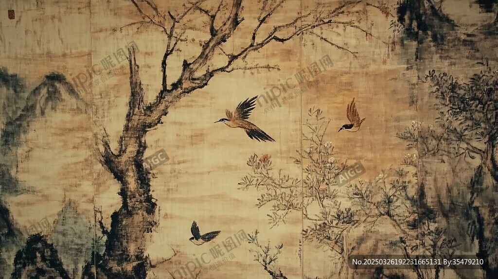 古畫(huà)中的飛鳥(niǎo)與山水景致