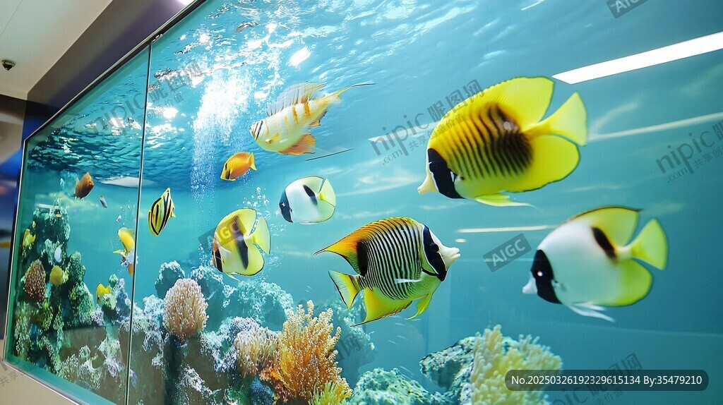 室內(nèi)水族箱中的多彩熱帶魚