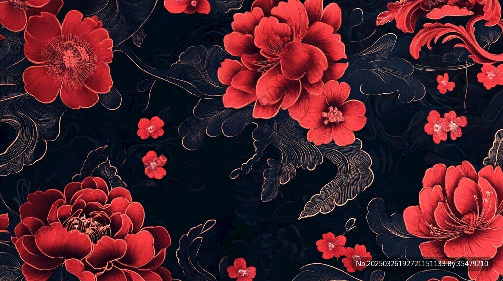 深紅牡丹花卉圖案背景