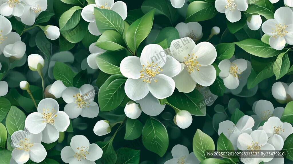 清新茉莉花與綠葉景致