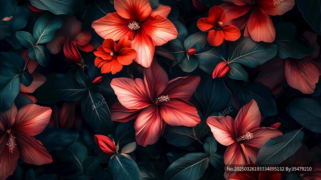 深紅花卉綻放圖