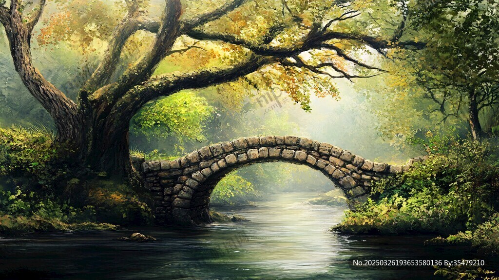林中石橋畔的靜謐自然景