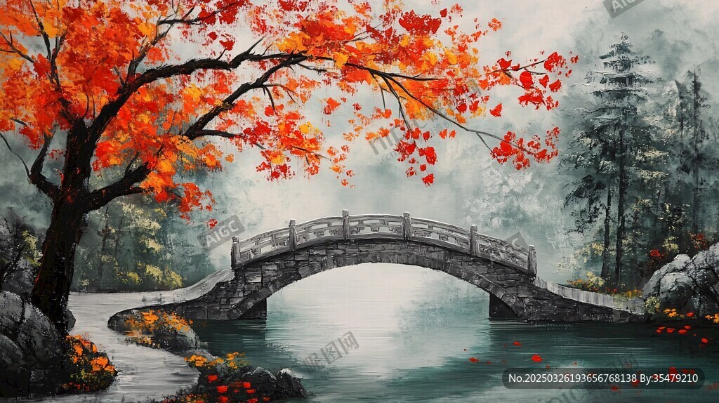 秋景石橋楓葉水墨畫(huà)卷