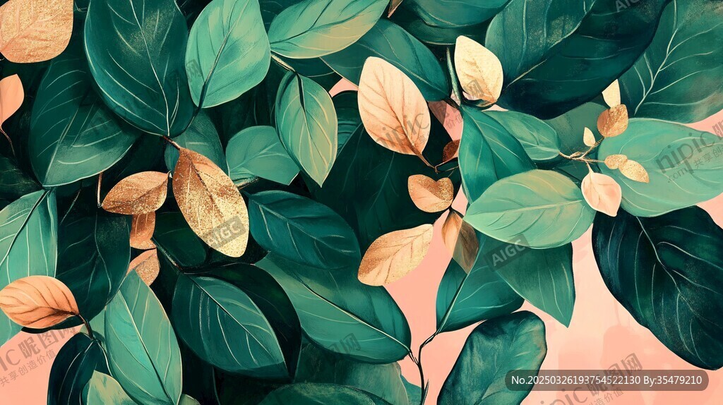清新綠植葉片插畫背景圖
