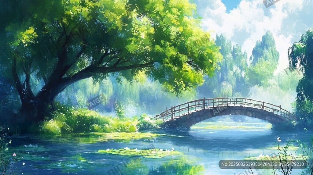 湖畔綠蔭石橋夢幻風(fēng)光