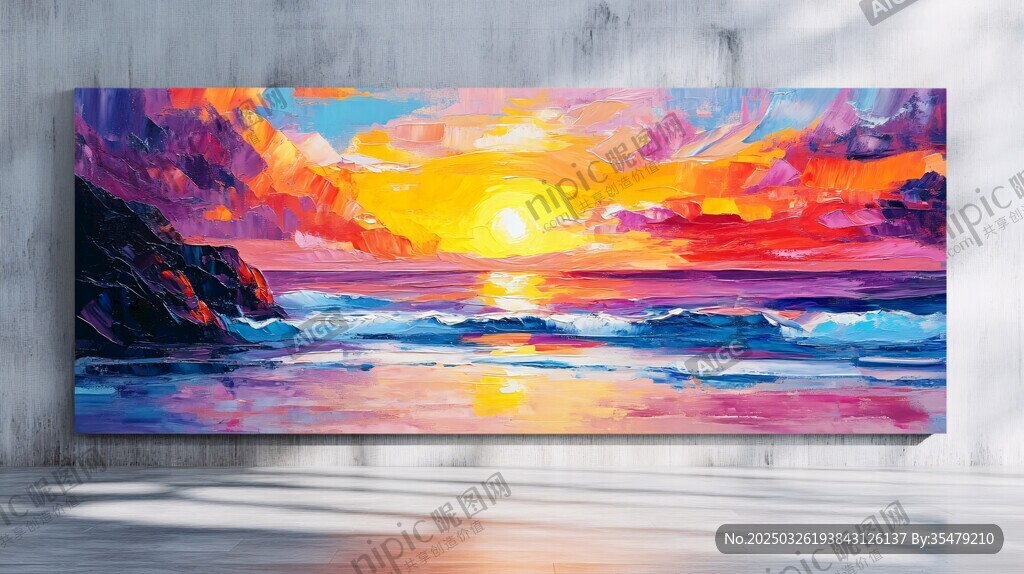 絢麗海邊日落油畫風(fēng)景