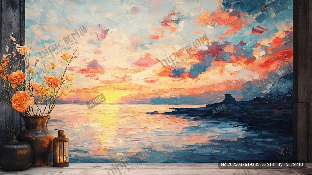 海邊日落美景與溫馨擺件