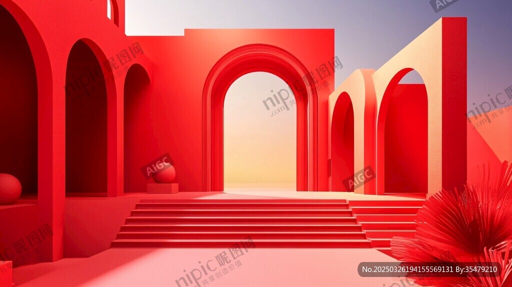 紅色拱門建筑夢幻場景