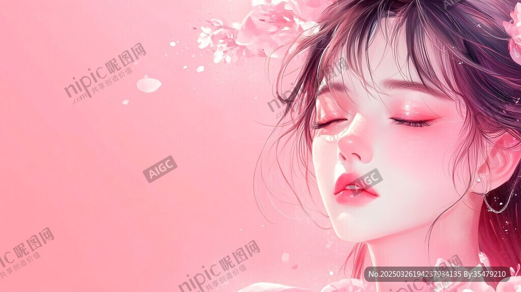 粉色夢幻閉眸花漾美少女