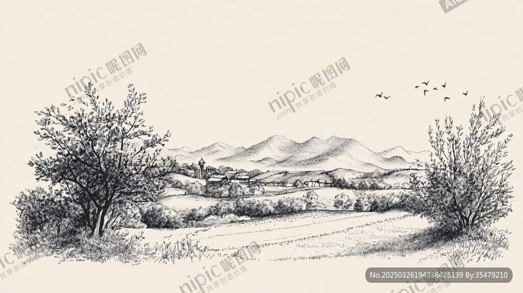鄉(xiāng)村田野風(fēng)景黑白素描畫