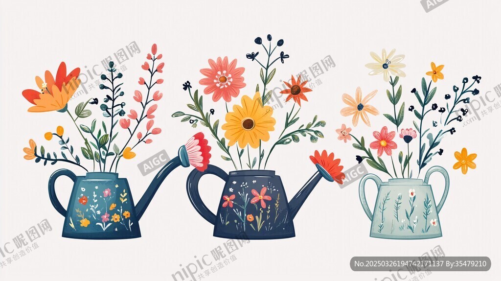 三個(gè)花灑水壺與繽紛花卉