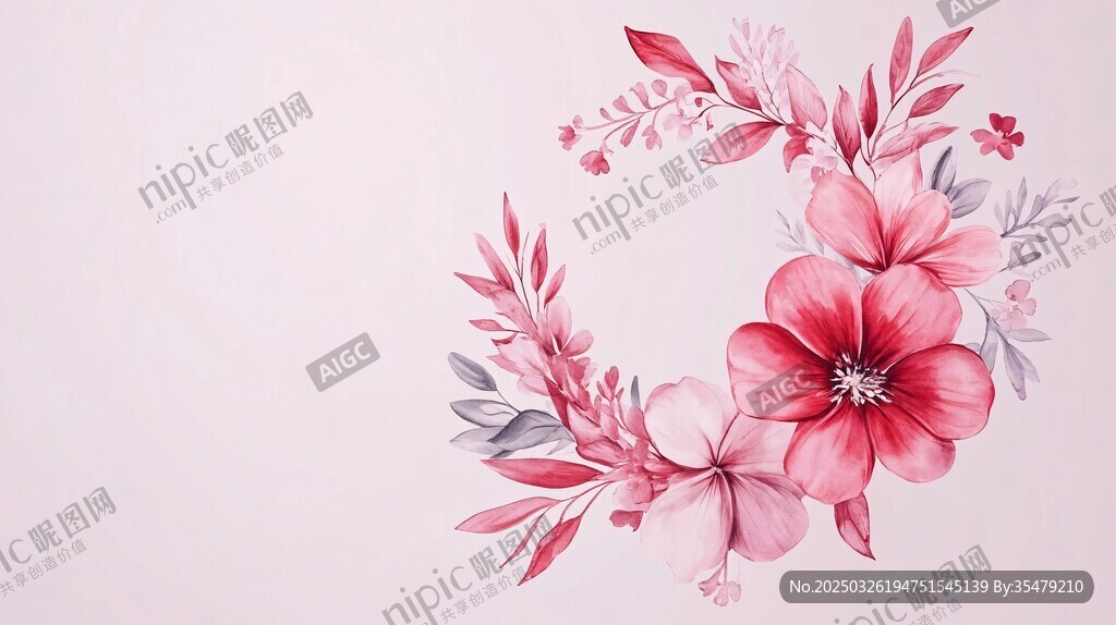 粉色花卉花環(huán)水彩畫