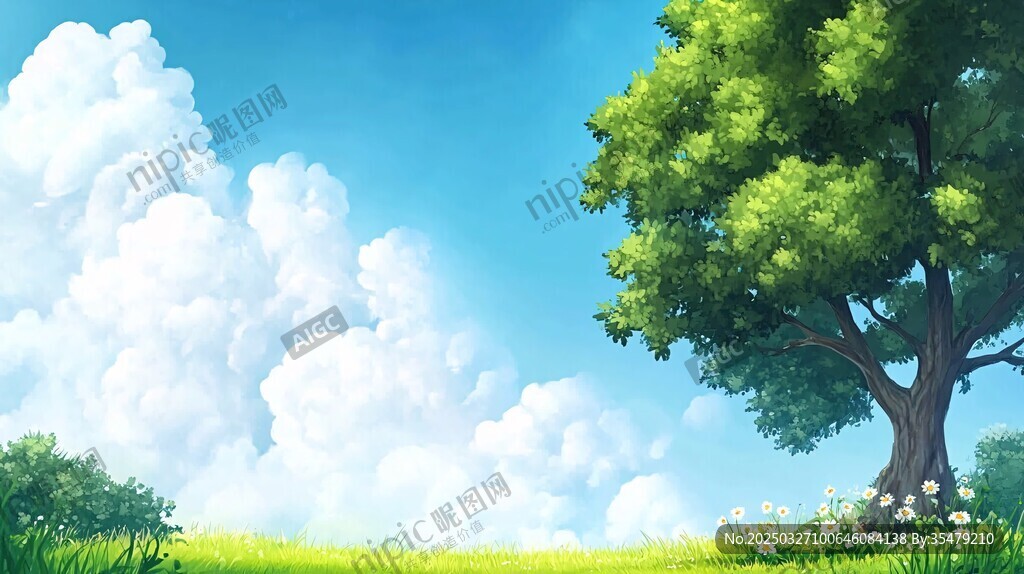 清新草地大樹(shù)藍(lán)天白云景