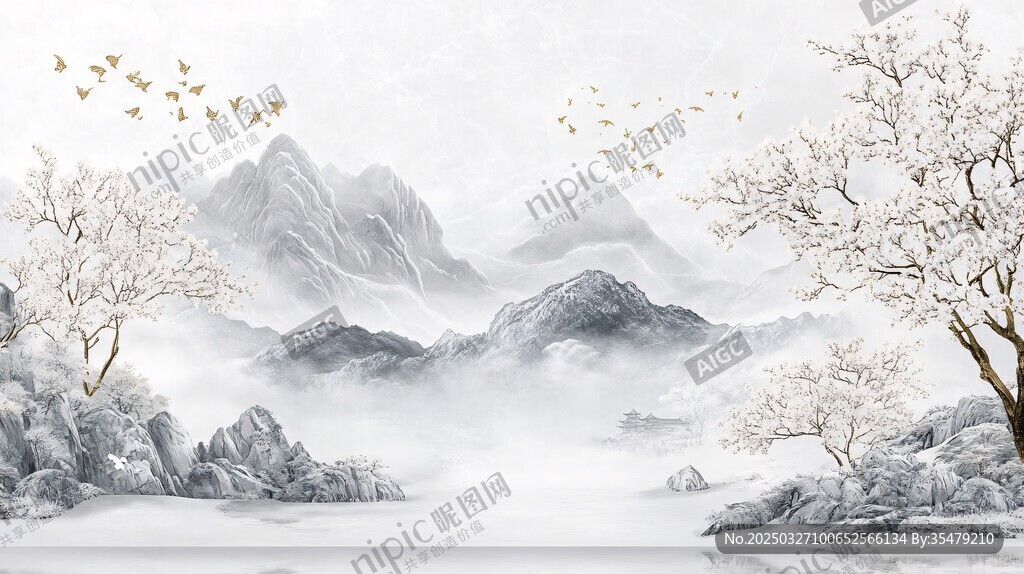 水墨山水間飛鳥(niǎo)繞樹(shù)景
