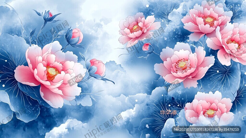 夢幻藍(lán)粉牡丹花卉圖景