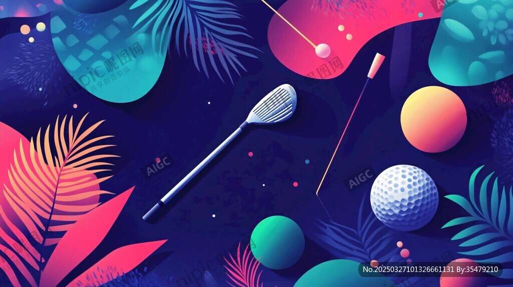 多彩高爾夫元素插畫場景