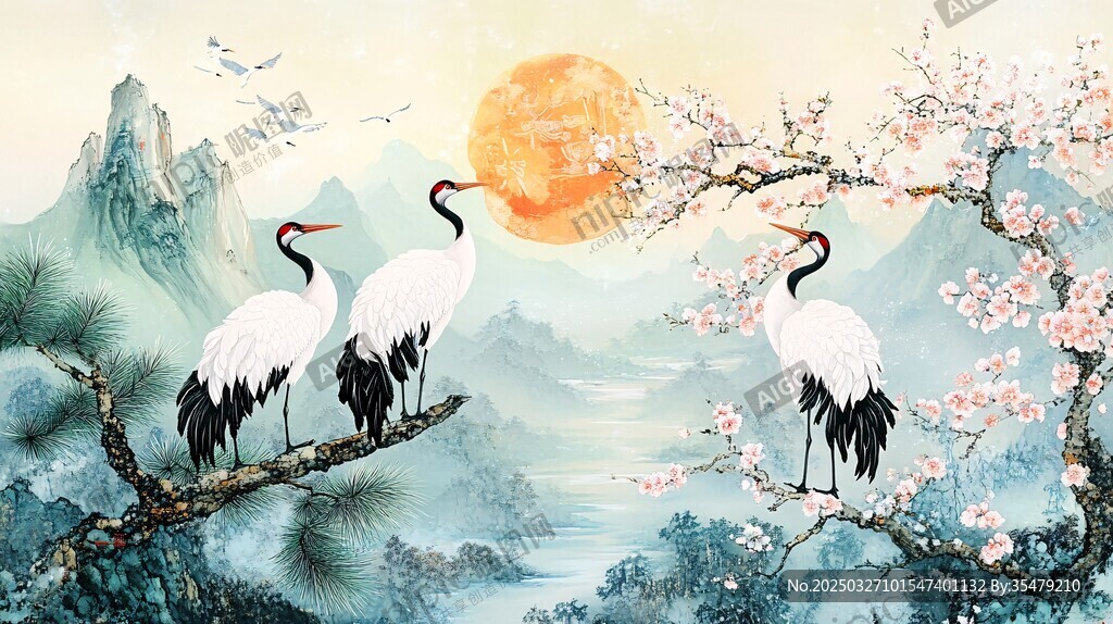 松鶴迎暉山水間