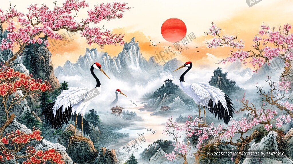 旭日仙鶴圖 山水間的祥瑞