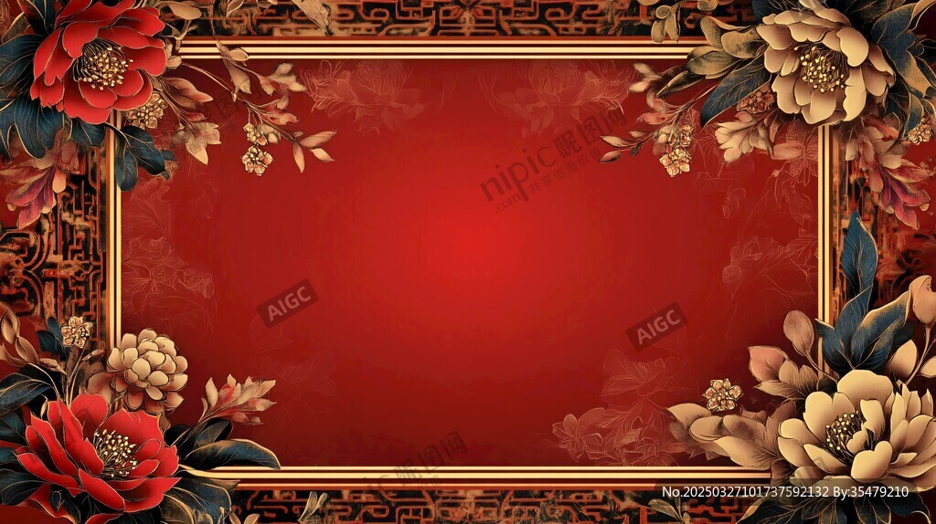 中式紅底花卉邊框背景圖