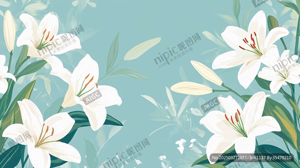 清新百合花卉插畫背景