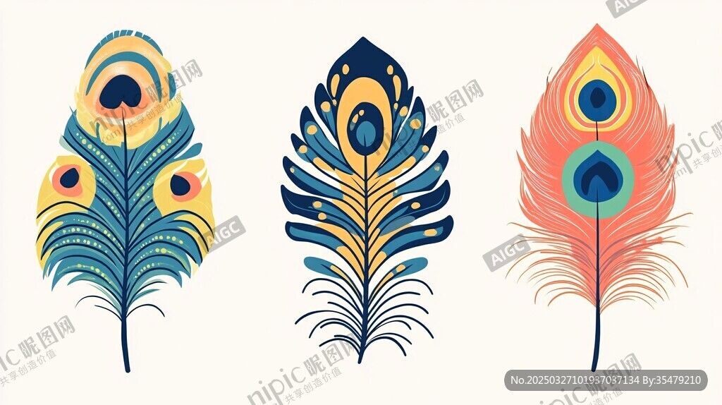 三只絢麗孔雀羽毛插畫