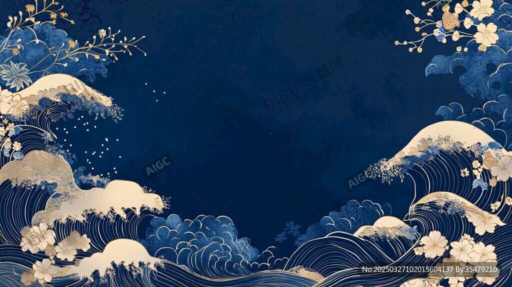 藍底金浪繁花中式背景圖
