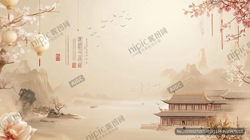 中式古風(fēng)山水樓閣詩意景