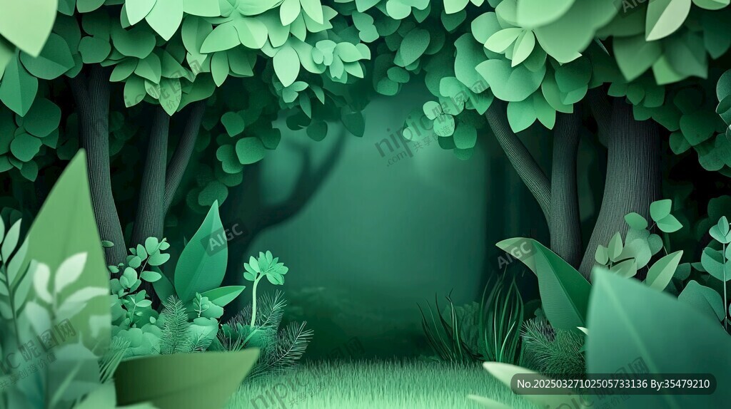 夢幻綠色森林剪紙風場景