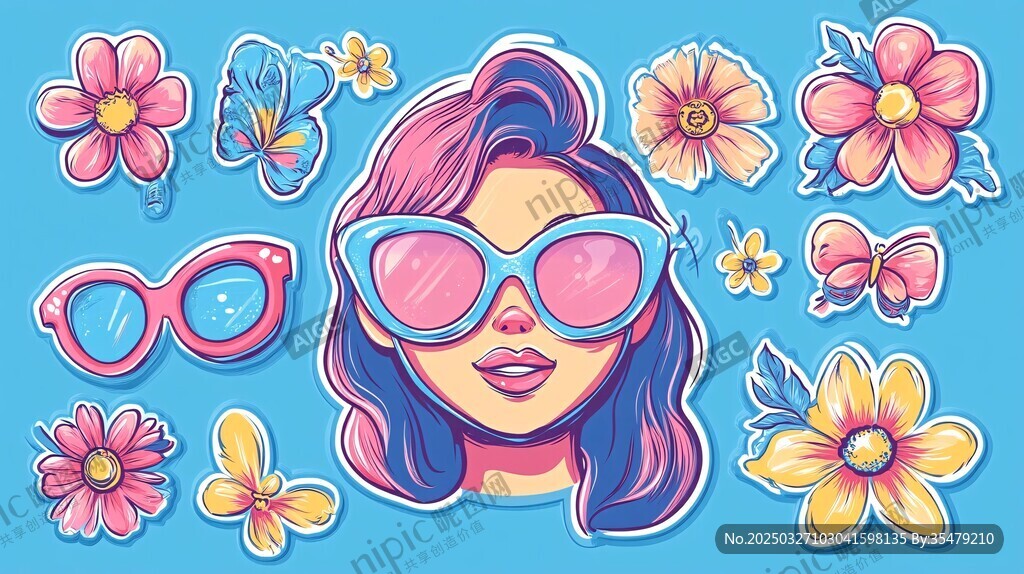 時尚女孩與繽紛花卉貼紙