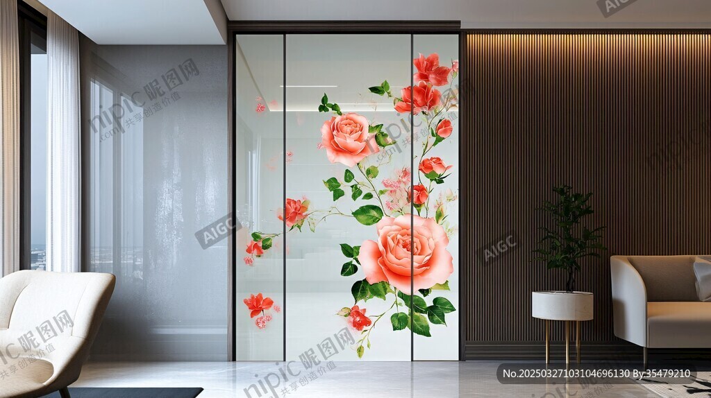 玫瑰花卉玻璃隔斷客廳美景