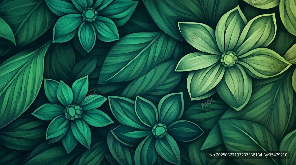 夢幻綠植花卉無縫背景圖