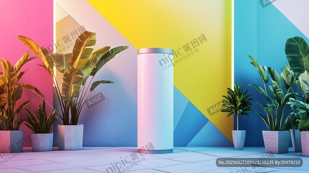 多彩墻邊的空氣凈化器與綠植