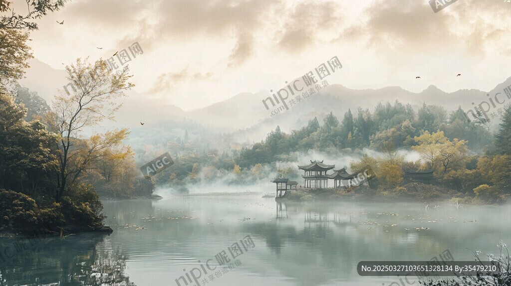 水墨山水間的靜謐湖景