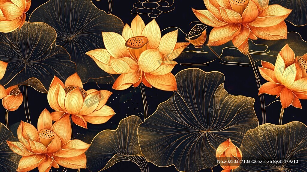 金色荷花荷葉中式唯美圖案