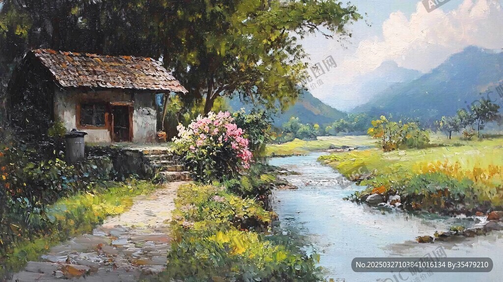 鄉(xiāng)村溪邊小屋的靜謐風(fēng)光