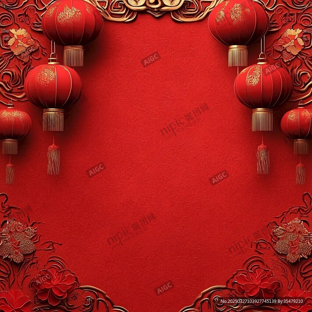 喜慶紅底燈籠中式裝飾圖