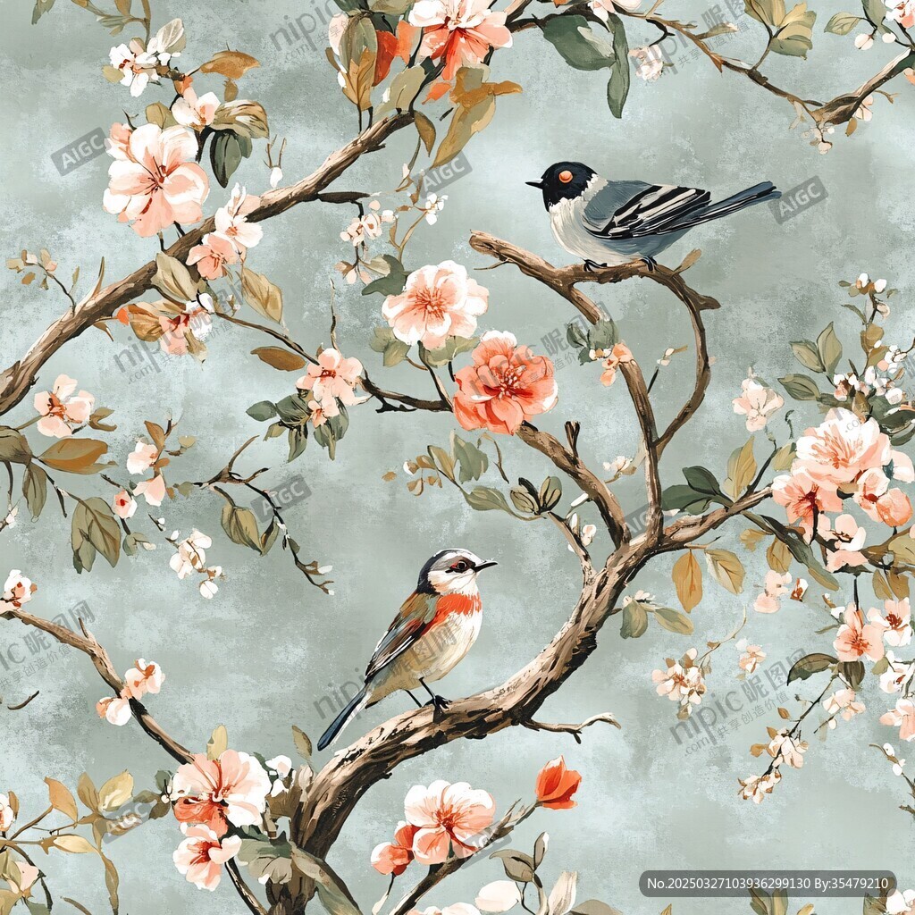 花鳥圖 枝頭雙雀伴繁花