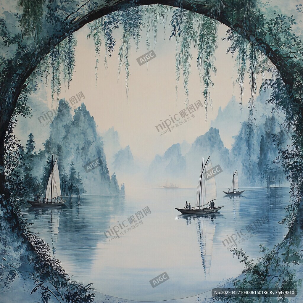 水墨圓窗中的山水行舟圖