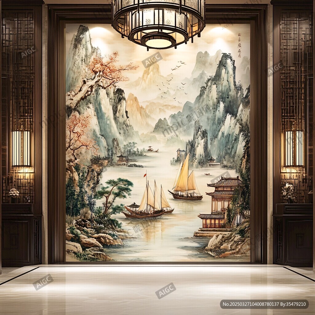 中式山水玄關(guān)壁畫意境美