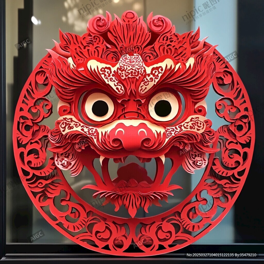 紅色立體剪紙風舞獅頭圖案