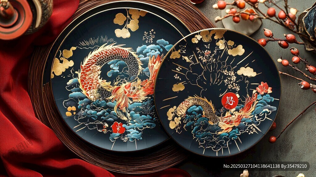 中式錦鯉刺繡圓盤擺件