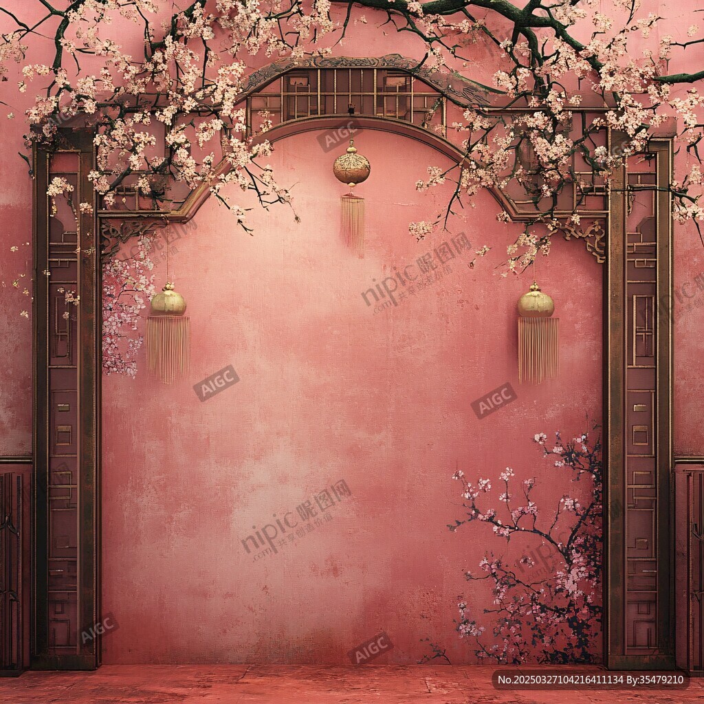 中式拱門桃花景