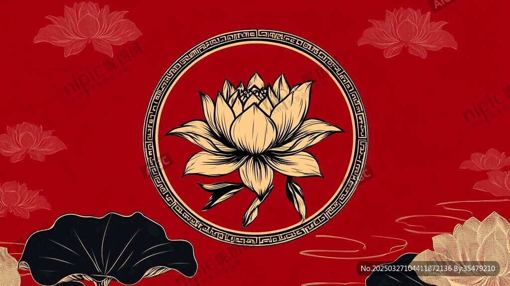 中式紅底金蓮花典雅圖案