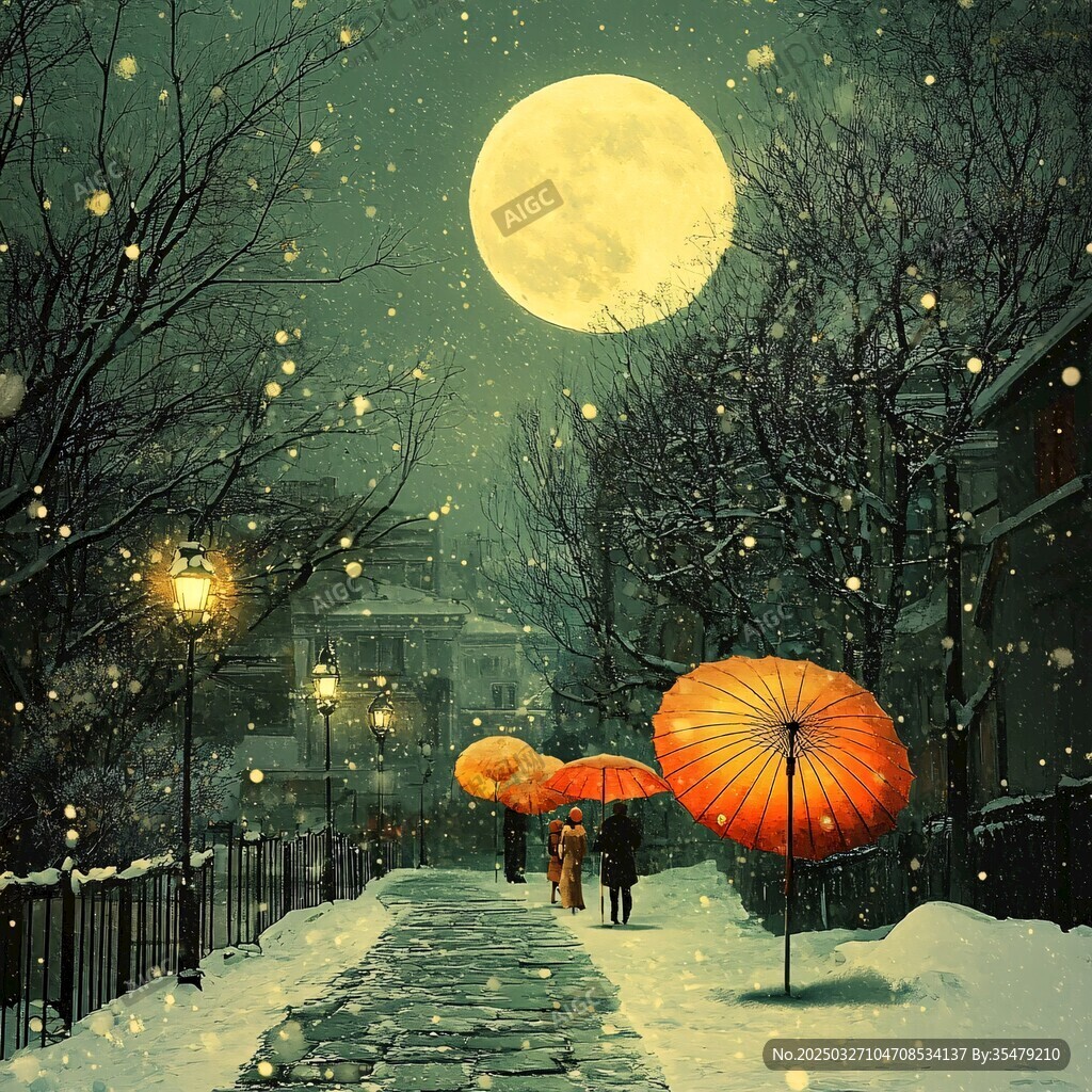 雪夜月光下的撐傘漫步