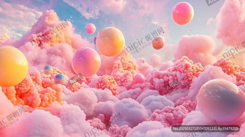 夢幻粉色云海中的漂浮彩球