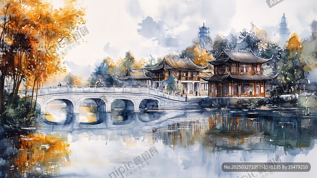 秋日中式橋畔園林美景