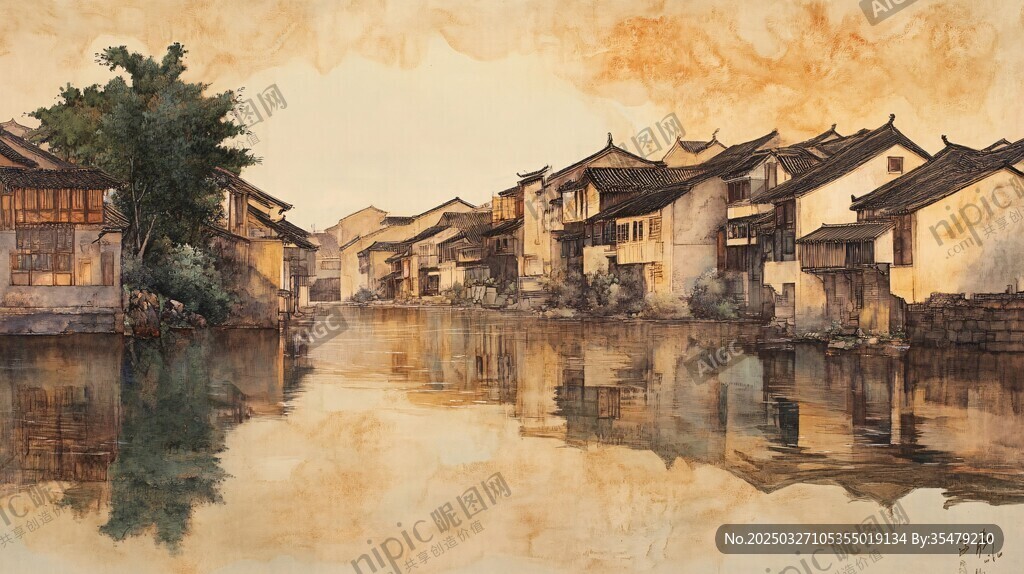 江南水鄉黃昏靜謐景致